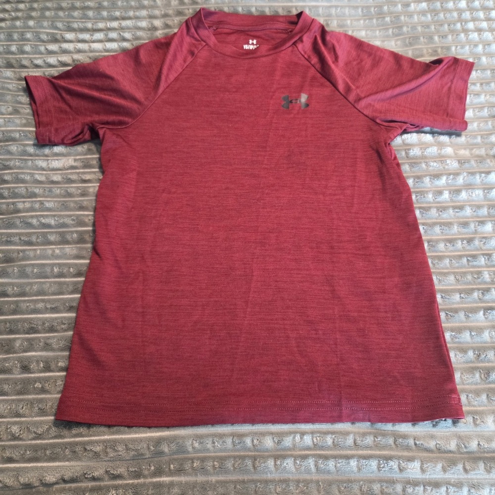 Under Armour Boys Loose Fit Heathered Red Logo Crew Neck Tee Short Sleeve S